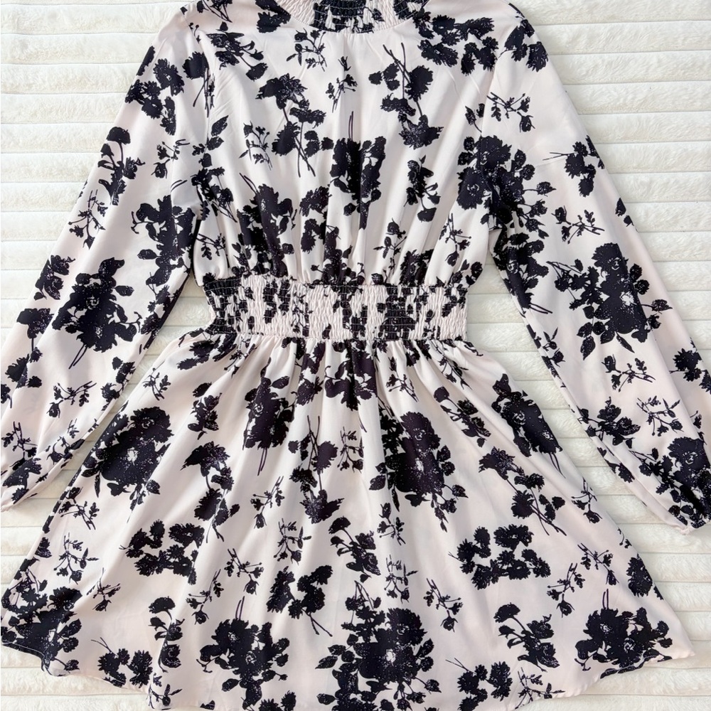 Floral Smocked Waist Long Sleeve Mini Dress - Black on Light Pink